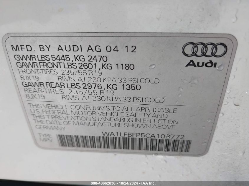 2012 Audi Q5 2.0T Premium VIN: WA1LFBFP5CA106772 Lot: 40662836