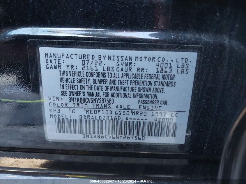 2022 Nissan Sentra Sv Xtronic Cvt VIN: 3N1AB8CV6NY287560 Lot: 40662847