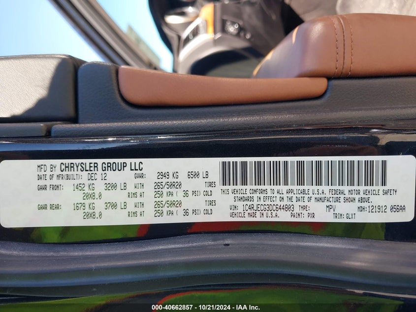 2013 Jeep Grand Cherokee Overland VIN: 1C4RJECG3DC644803 Lot: 40662857