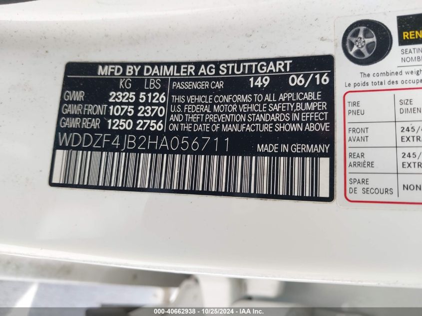2017 Mercedes-Benz E 300 VIN: WDDZF4JB2HA056711 Lot: 40662938
