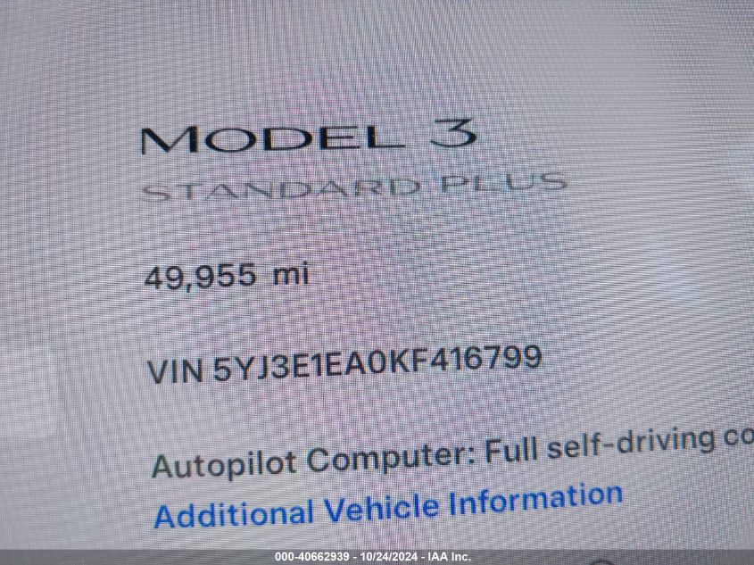 2019 Tesla Model 3 Long Range/Mid Range/Standard Range/Standard Range Plus VIN: 5YJ3E1EA0KF416799 Lot: 40662939