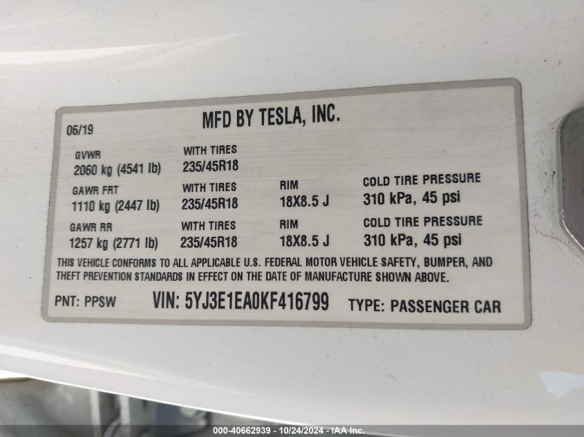 2019 Tesla Model 3 Long Range/Mid Range/Standard Range/Standard Range Plus VIN: 5YJ3E1EA0KF416799 Lot: 40662939