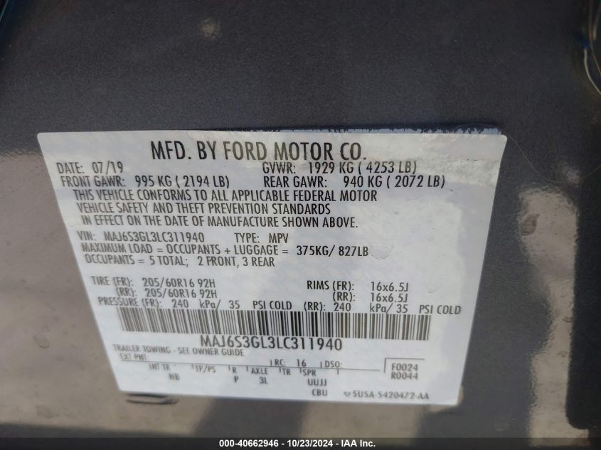 2020 Ford Ecosport Se VIN: MAJ6S3GL3LC311940 Lot: 40662946