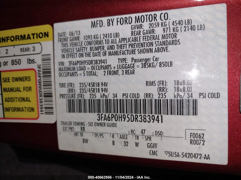 2013 Ford Fusion Se VIN: 3FA6P0H95DR383941 Lot: 40662956