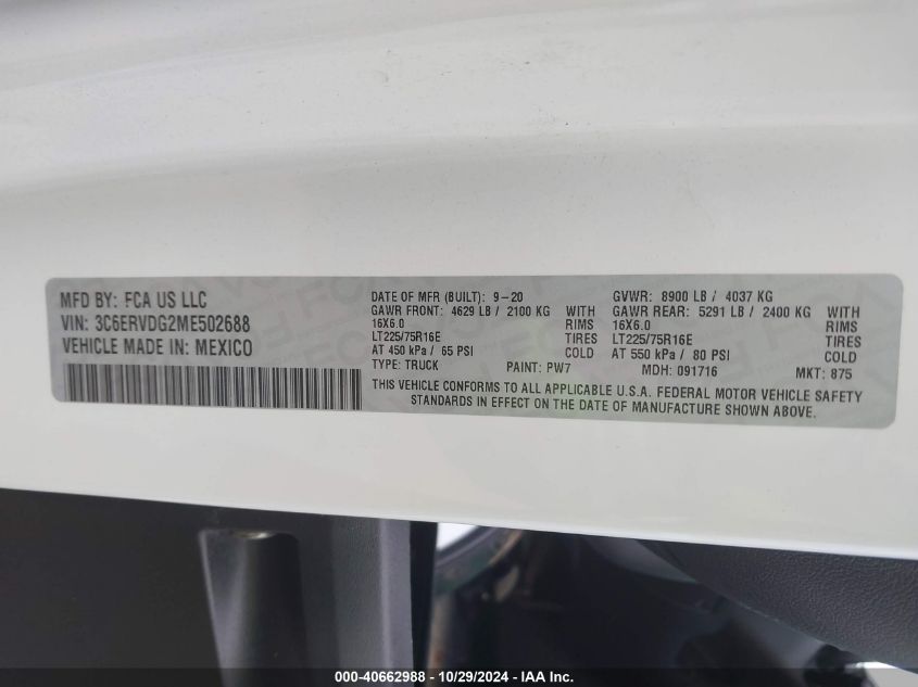 VIN 3C6ERVDG2ME502688 2021 RAM PROMASTER 2500 HIGH ROOF 159 WB
