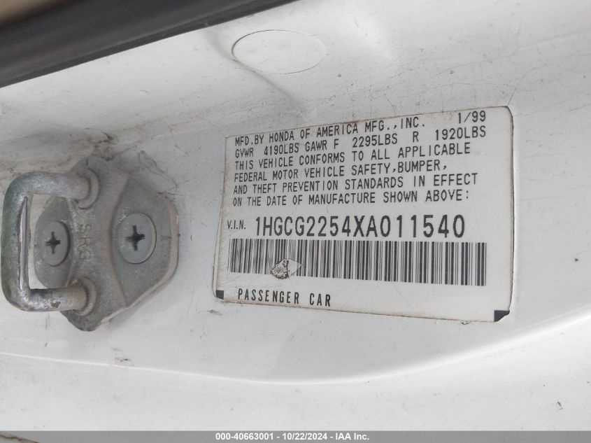 1999 Honda Accord Ex V6 VIN: 1HGCG2254XA011540 Lot: 40663001