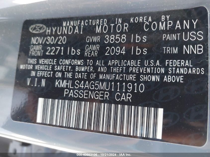 2021 Hyundai Elantra Sel VIN: KMHLS4AG5MU111910 Lot: 40663106