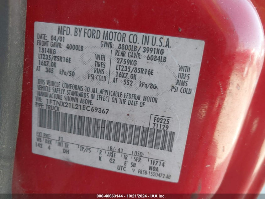 2001 Ford F-250 Lariat/Xl/Xlt VIN: 1FTNX21L21EC69367 Lot: 40663144
