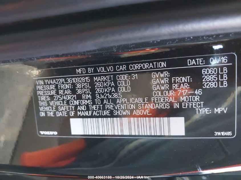 VIN YV4A22PL3G1092815 2016 Volvo XC90, T6 Inscription no.9