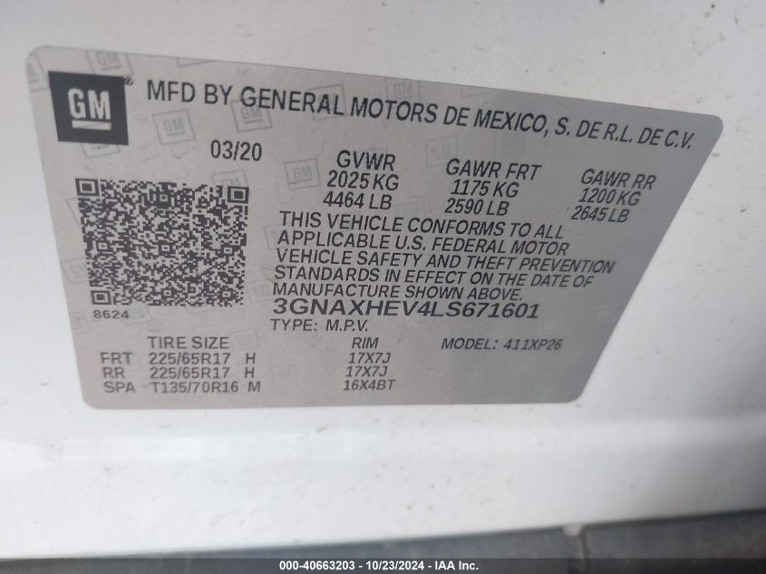 2020 Chevrolet Equinox Fwd Ls VIN: 3GNAXHEV4LS671601 Lot: 40663203