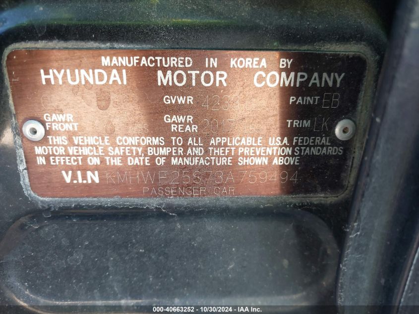 2003 Hyundai Sonata VIN: KMHWF25S73A759494 Lot: 40663252