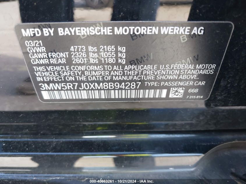 2021 BMW 330I xDrive VIN: 3MW5R7J0XM8B94287 Lot: 40663261