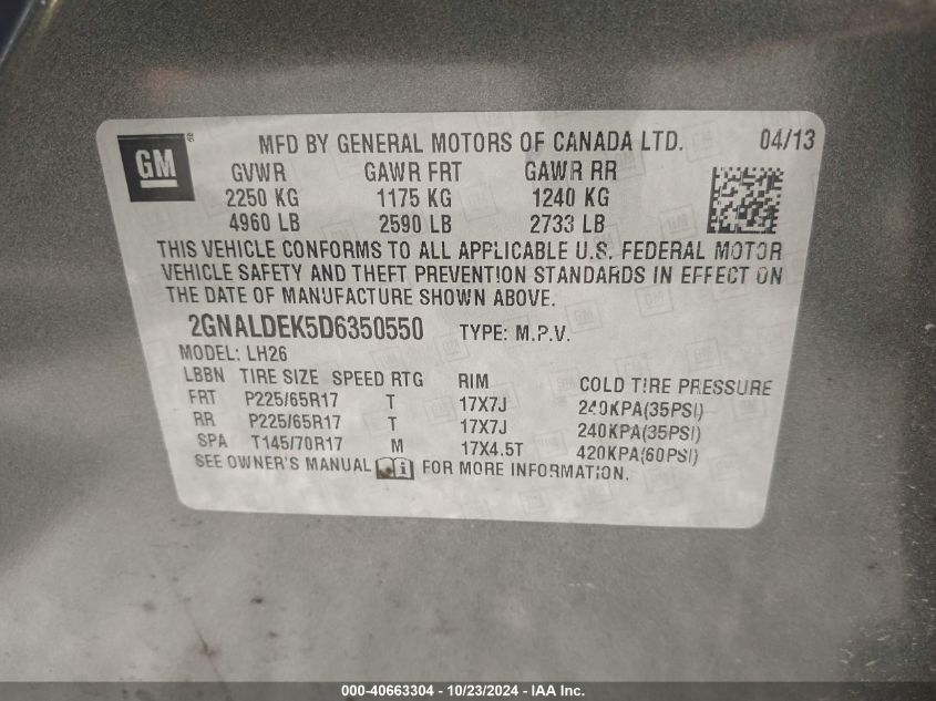 2013 Chevrolet Equinox 1Lt VIN: 2GNALDEK5D6350550 Lot: 40663304