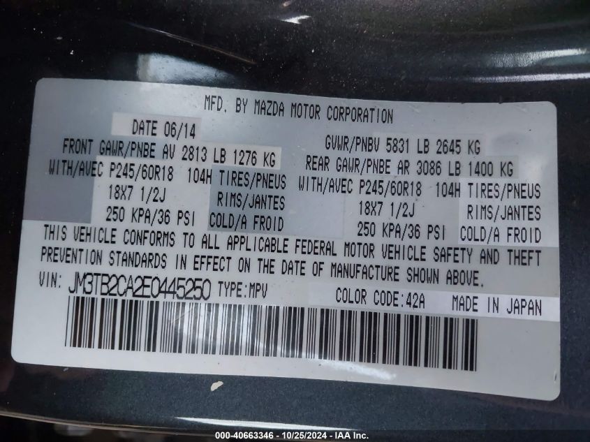 2014 Mazda Cx-9 Touring VIN: JM3TB2CA2E0445250 Lot: 40663346