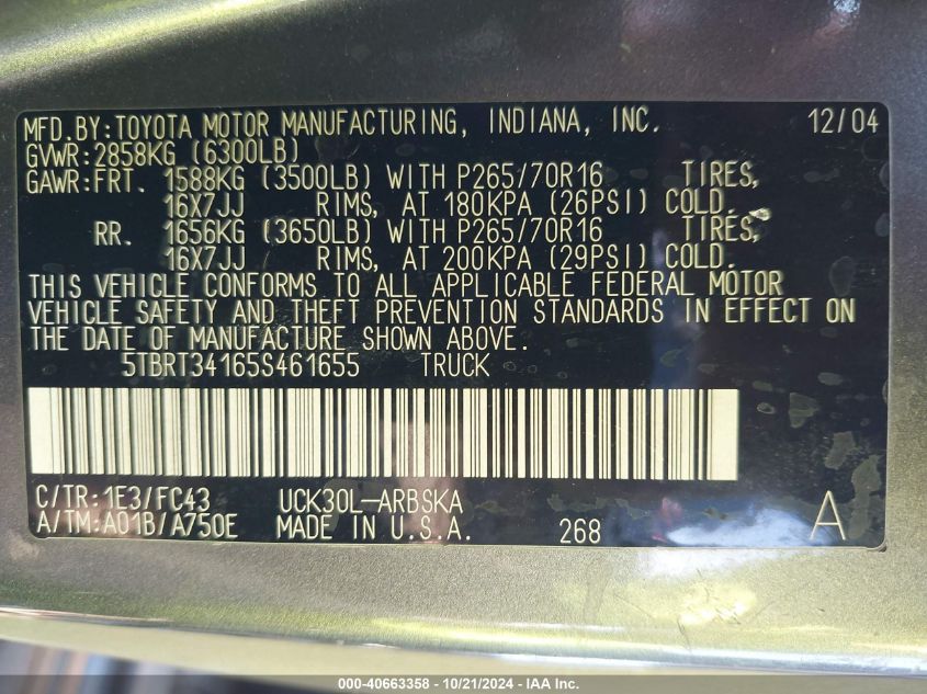 2005 Toyota Tundra Sr5 V8 VIN: 5TBRT34165S461655 Lot: 40663358