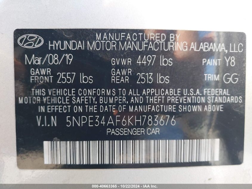 2019 Hyundai Sonata Sel VIN: 5NPE34AF6KH783676 Lot: 40663365