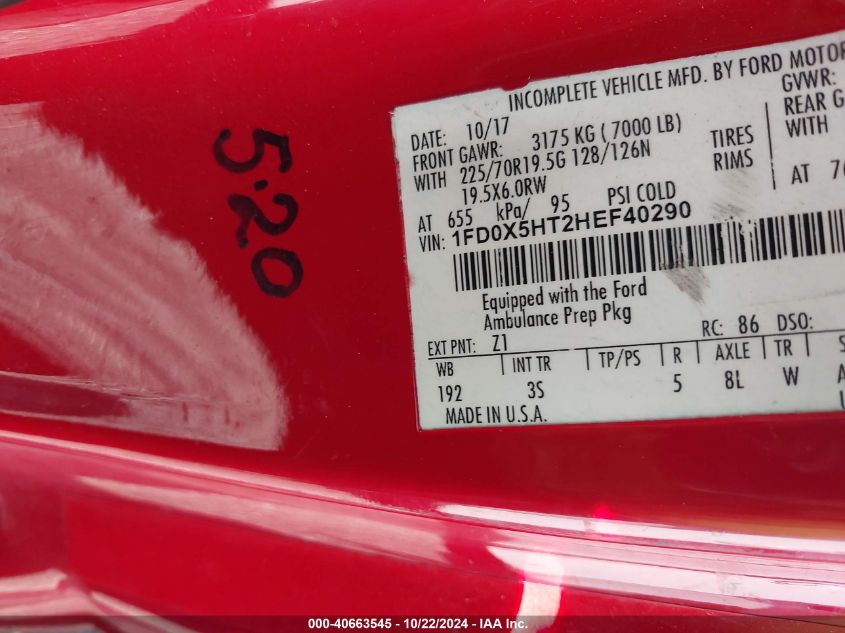 2017 Ford F-550 Chassis Xlt VIN: 1FD0X5HT2HEF40290 Lot: 40663545
