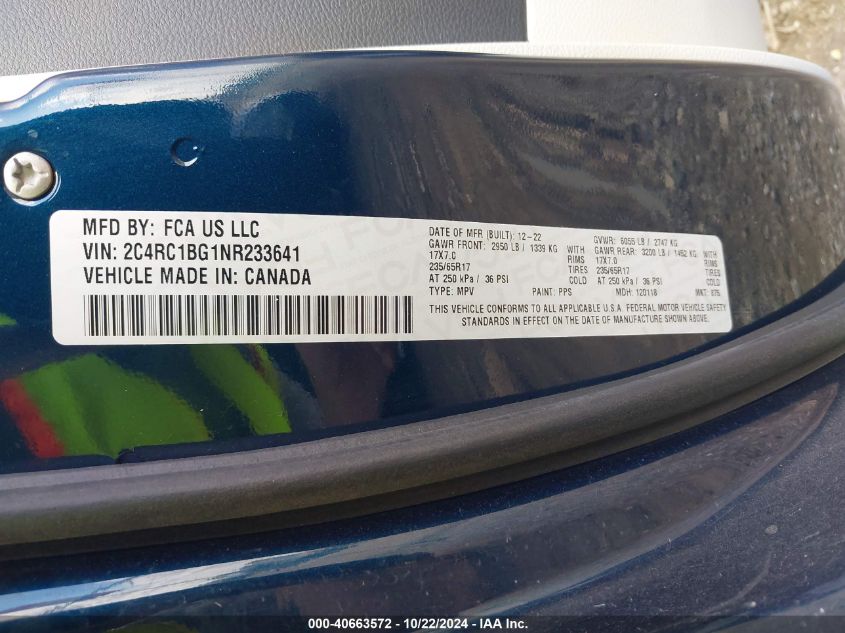 2022 Chrysler Pacifica Touring L VIN: 2C4RC1BG1NR233641 Lot: 40663572