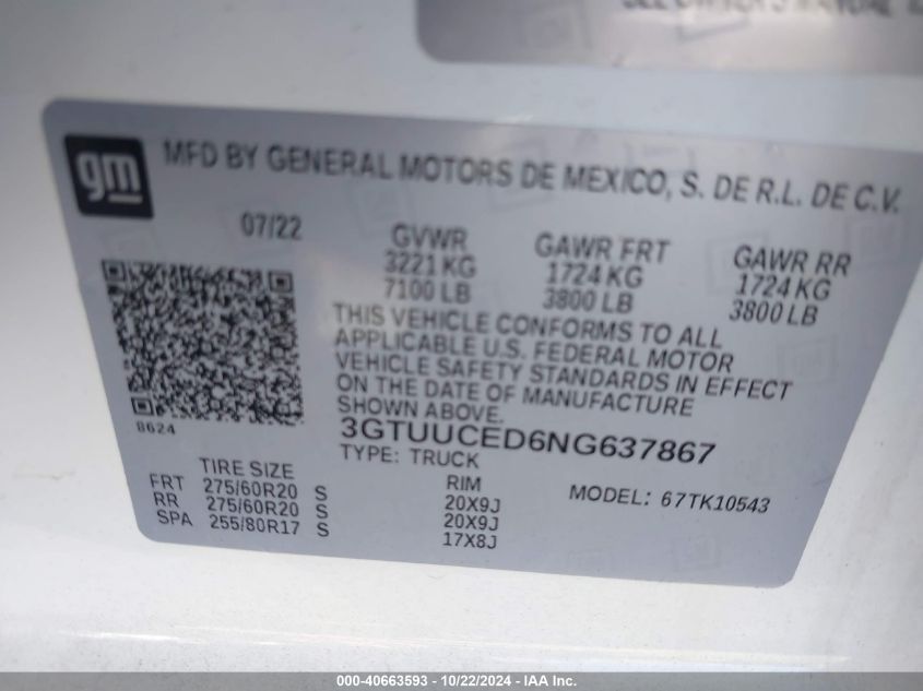 2022 GMC Sierra 1500 4Wd Short Box Elevation With 3Sb VIN: 3GTUUCED6NG637867 Lot: 40663593