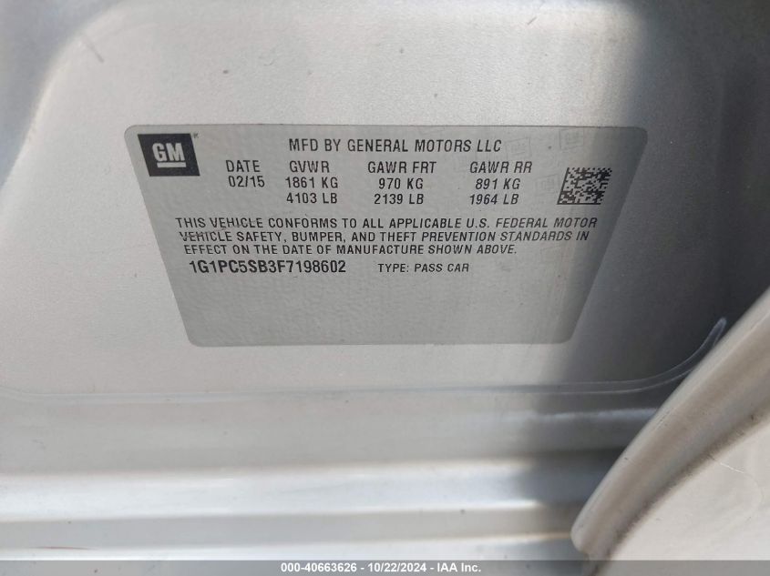 2015 Chevrolet Cruze 1Lt Auto VIN: 1G1PC5SB3F7198602 Lot: 40663626