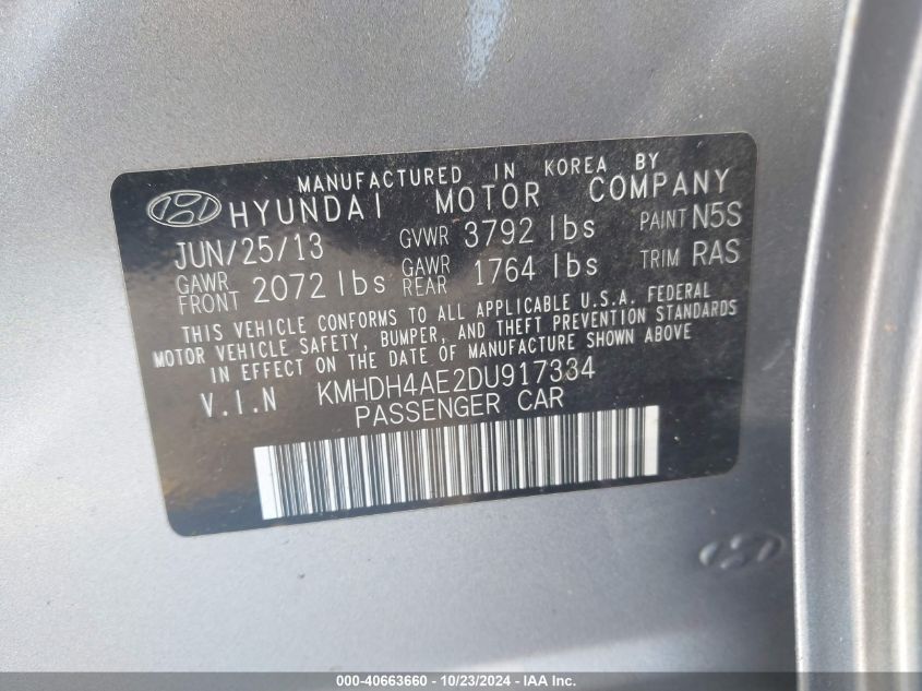 2013 Hyundai Elantra Gls VIN: KMHDH4AE2DU917334 Lot: 40663660