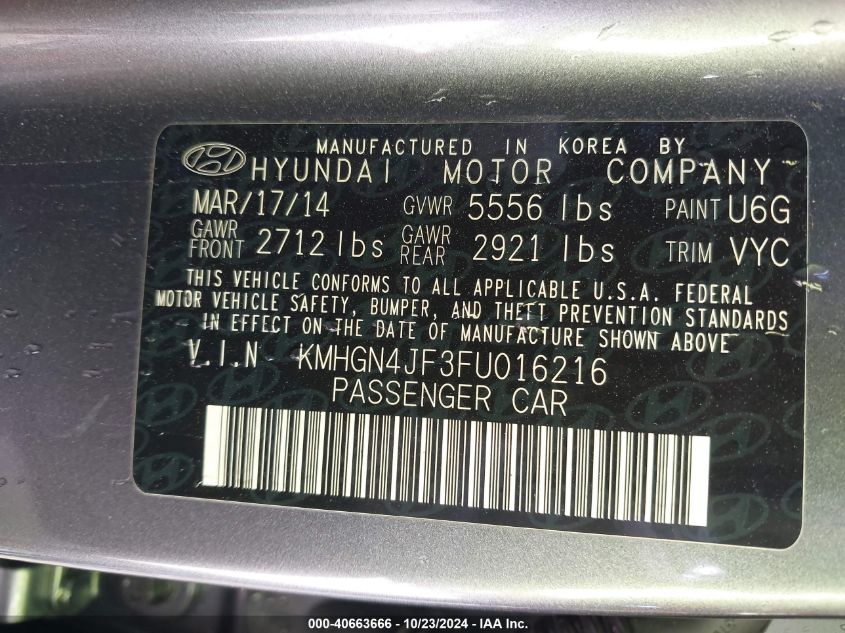 2015 HYUNDAI GENESIS VIN: KMHGN4JF3FU016216