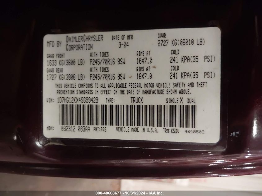 2004 Dodge Dakota VIN: 1D7HG12KX4S699429 Lot: 40663677