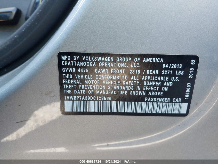 2013 Volkswagen Passat 2.5L Se VIN: 1VWBP7A39DC128566 Lot: 40663724