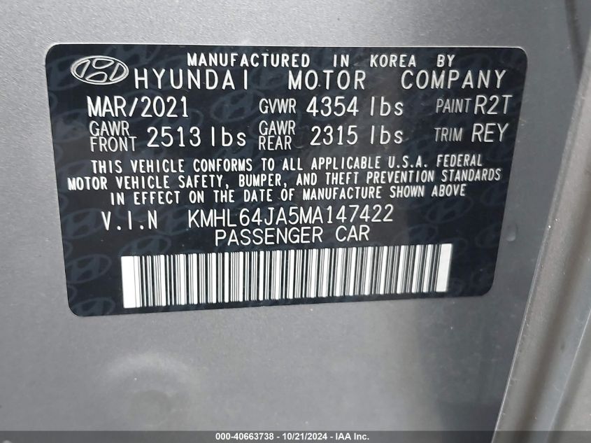 2021 Hyundai Sonata Sel VIN: KMHL64JA5MA147422 Lot: 40663738