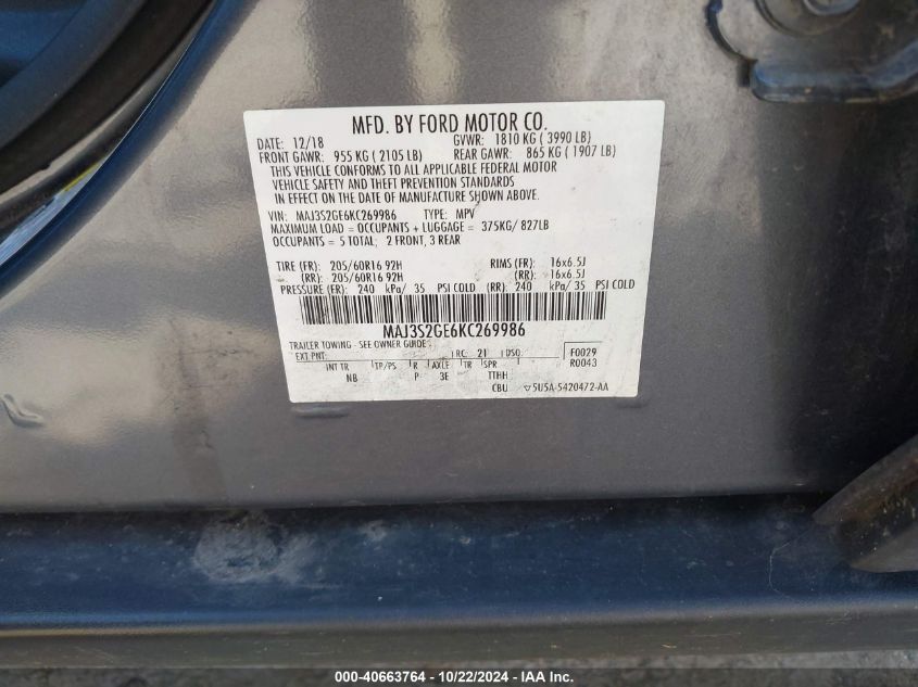 VIN MAJ3S2GE6KC269986 2019 FORD ECOSPORT SE