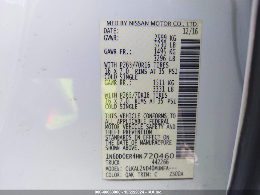 VIN 1N6DD0ER4HN720460 2017 NISSAN FRONTIER SV