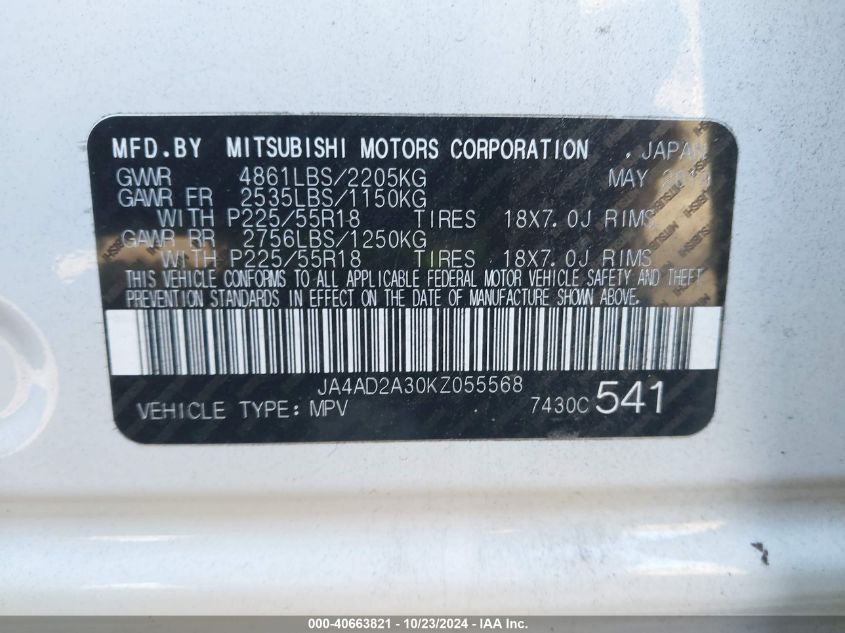 2019 Mitsubishi Outlander Es VIN: JA4AD2A30KZ055568 Lot: 40663821