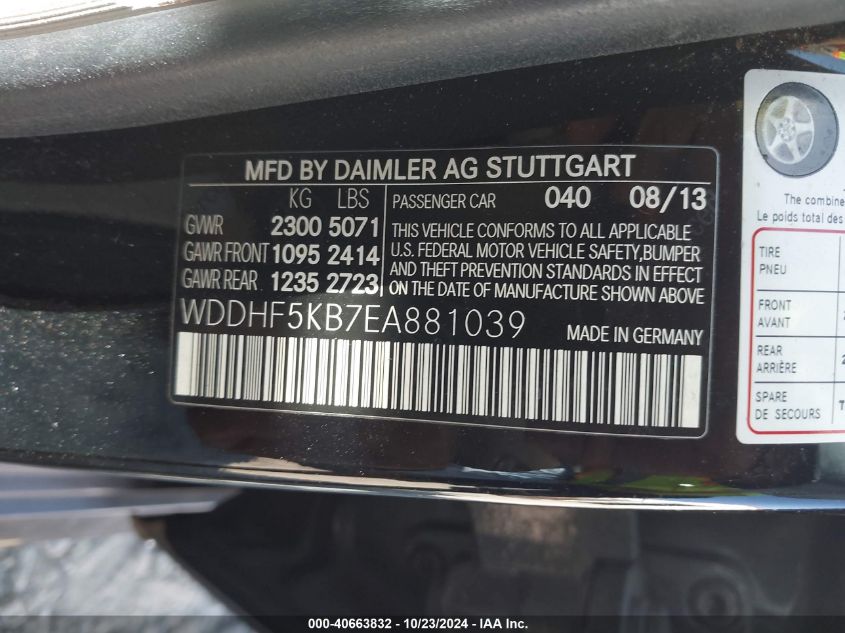 2014 Mercedes-Benz E 350 VIN: WDDHF5KB7EA881039 Lot: 40663832