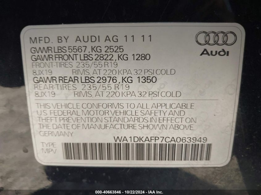 2012 Audi Q5 3.2 Premium Plus VIN: WA1DKAFP7CA063949 Lot: 40663846