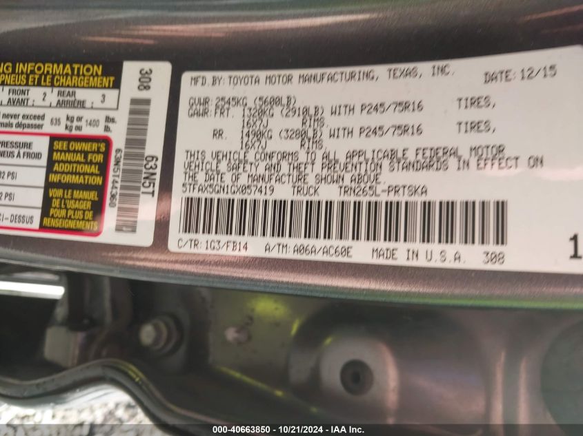 2016 Toyota Tacoma Sr VIN: 5TFAX5GN1GX057419 Lot: 40663850