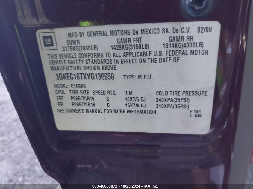 2000 GMC Yukon Xl 1500 Slt VIN: 3GKEC16TXYG136958 Lot: 40663872