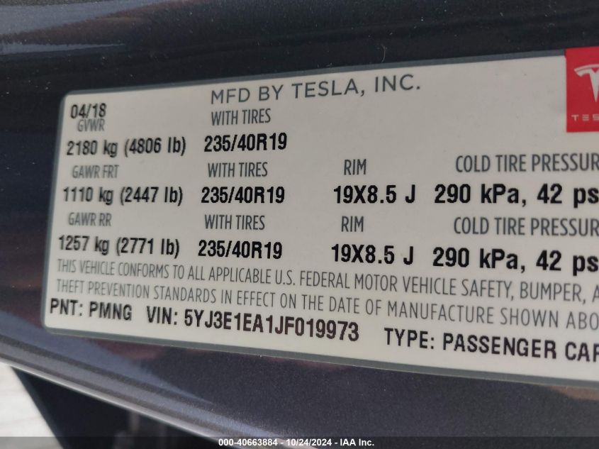 2018 Tesla Model 3 Long Range/Mid Range VIN: 5YJ3E1EA1JF019973 Lot: 40663884