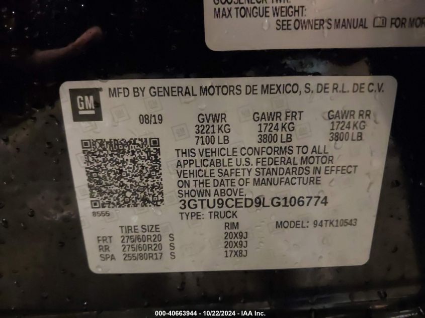 2020 GMC Sierra 1500 4Wd Short Box Elevation VIN: 3GTU9CED9LG106774 Lot: 40663944