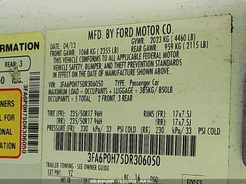 2013 FORD FUSION SE - 3FA6P0H75DR306050