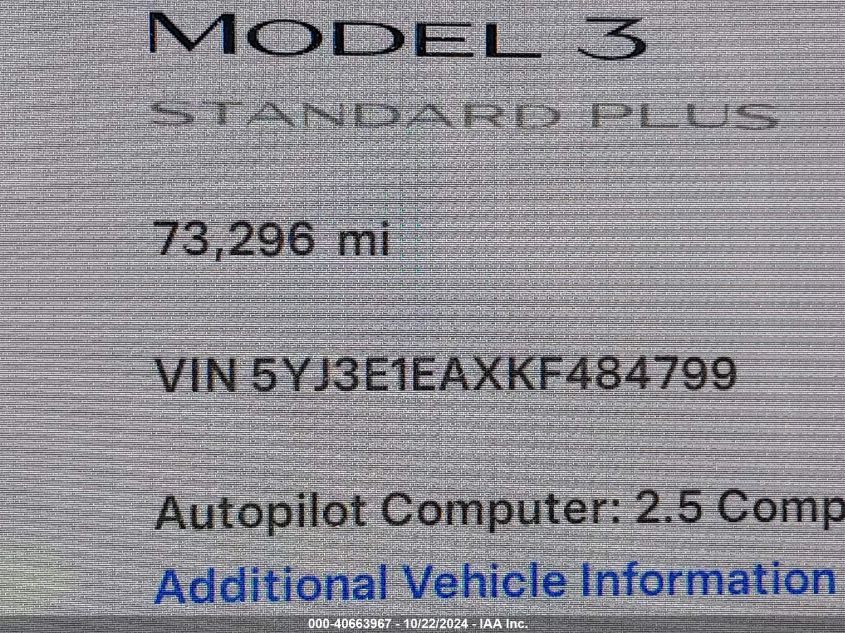 2019 Tesla Model 3 Long Range/Mid Range/Standard Range/Standard Range Plus VIN: 5YJ3E1EAXKF484799 Lot: 40663967