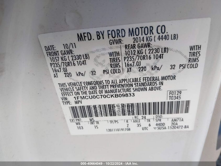 2012 Ford Escape Xls VIN: 1FMCU0C70CKB09833 Lot: 40664049