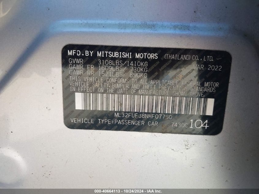 2022 Mitsubishi Mirage G4 Es VIN: ML32FUFJ8NHF07760 Lot: 40664113