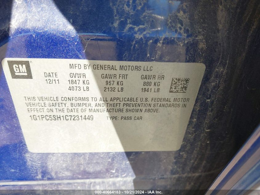 2012 Chevrolet Cruze Ls VIN: 1G1PC5SH1C7231449 Lot: 40664183