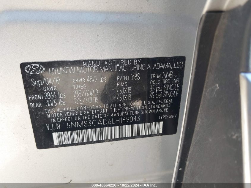 2020 Hyundai Santa Fe Sel VIN: 5NMS3CAD6LH169043 Lot: 40664226