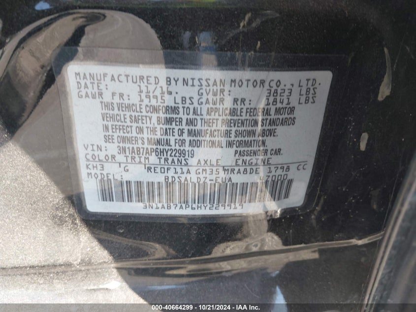 VIN 3N1AB7AP6HY229919 2017 NISSAN SENTRA SV