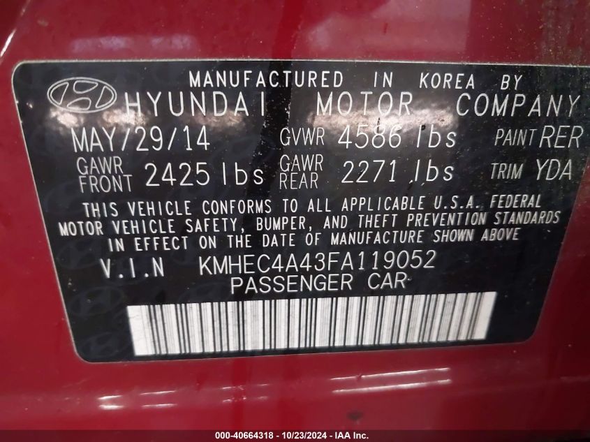 2015 Hyundai Sonata Hybrid VIN: KMHEC4A43FA119052 Lot: 40664318