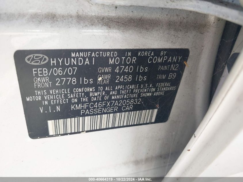 2007 Hyundai Azera Limited/Se VIN: KMHFC46FX7A205832 Lot: 40664319