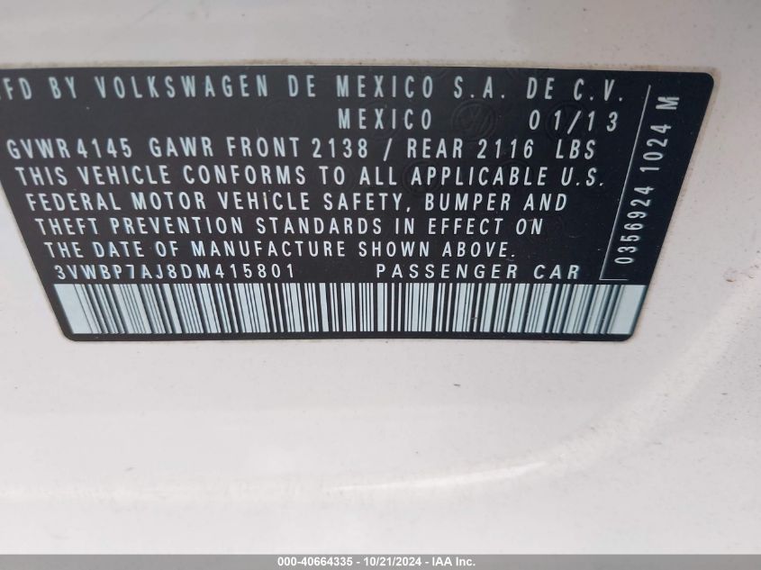 2013 Volkswagen Jetta 2.5L Se VIN: 3VWBP7AJ8DM415801 Lot: 40664335