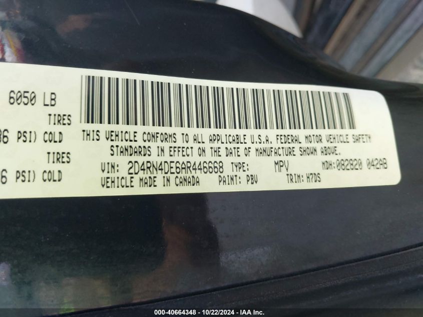 2010 Dodge Grand Caravan Se VIN: 2D4RN4DE6AR446668 Lot: 40664348