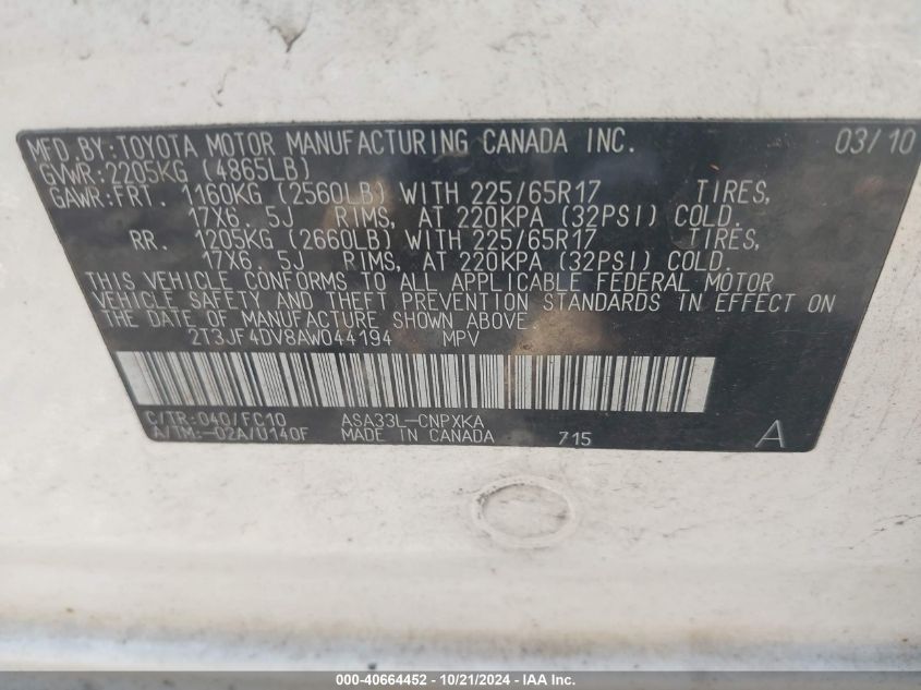 2010 Toyota Rav4 VIN: 2T3JF4DV8AW044194 Lot: 40664452